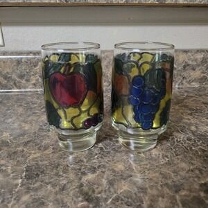 2 Ct Libbey Glass stained glass‎ 12 oz flat tumblers Fruit Panorama Yellow Back